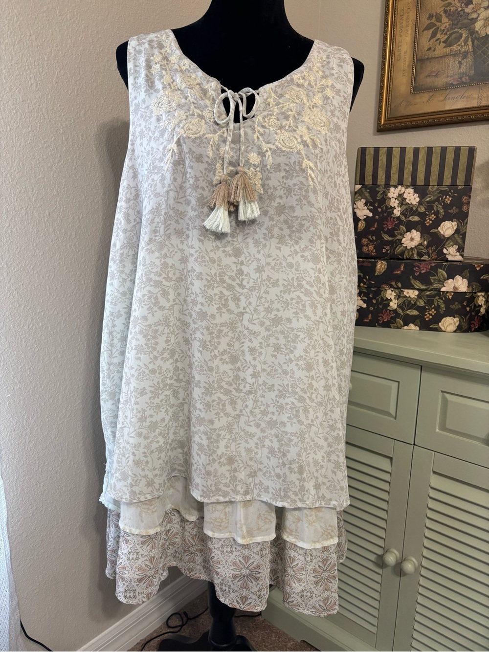 Romantic Flowing Cream & Taupe Floral Print Tiered-Hem Dress